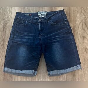 Junior's Hot Kiss Dark Denim Cuffed Bermuda Shorts